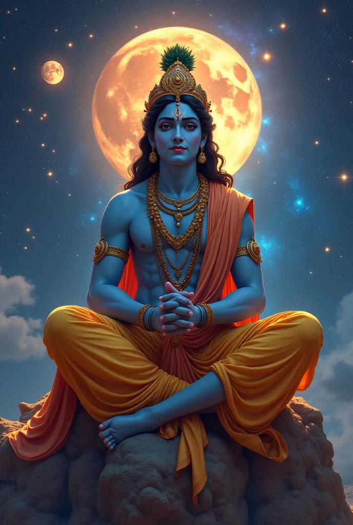 create a picture where lord krishna a hindu male god sitting in universe