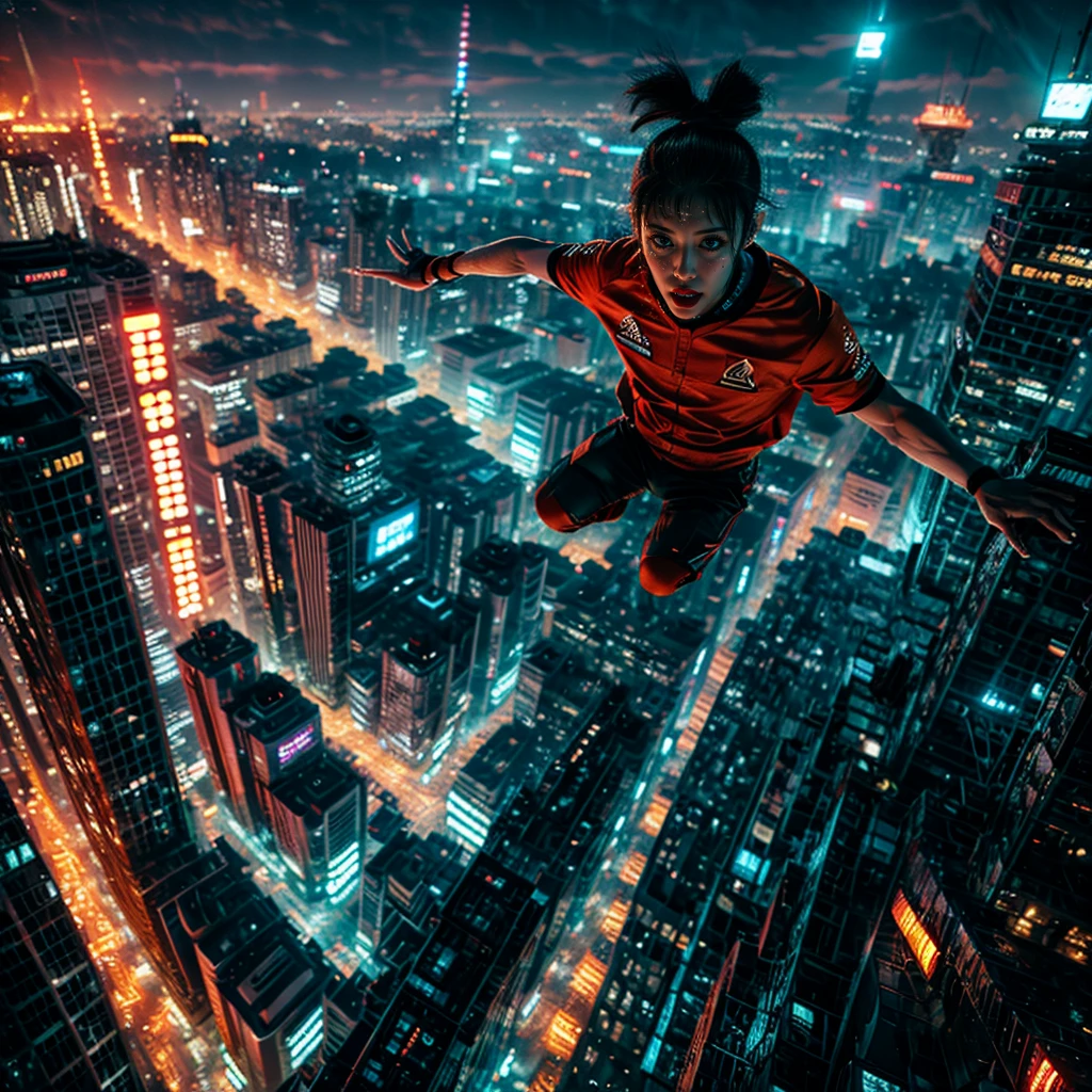 (xuer flies over), (sexy RQ), (dramatic, gritty, intense:1.4), city, curved colorful horizon, (Luminism:1.28),