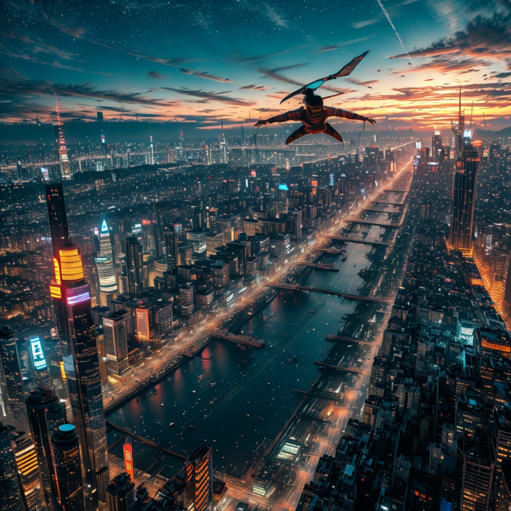 (xuer flies over), (sexy RQ), (dramatic, gritty, intense:1.4), city, curved colorful horizon, (Luminism:1.28),