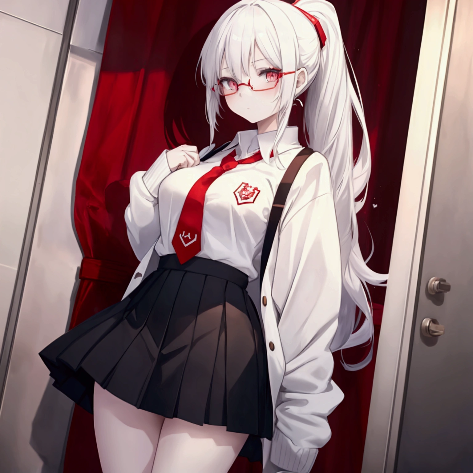 (Masterpiece) (Anime Girl, 1girl) (Detailed) She has a Pale And Flawless Skin, She has a Long White Hair, Ponytail, Red-ish Gold Eyes, For her outfit she wear a School Uniform which a White Shirt, Red Tie, School Sweater and a Black Short Skirt and a Glasses.