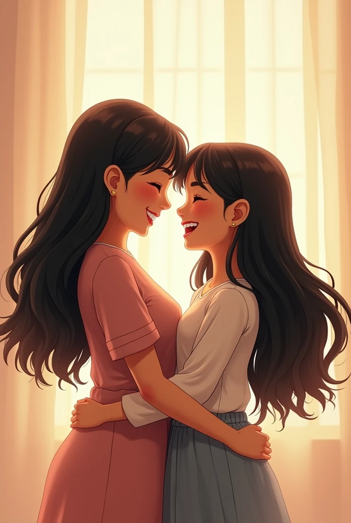 30-year-old mother with a chubby build and a daughter, both thin and with black hair, laughing and long. The hazel-brown-skinned mother and the pearl-skinned daughter.