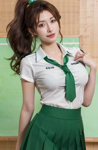 masterpiece, Highest quality, High resolution, Makoto Kino、high school student、School uniforms、tall、Big Breasts、Open chest、Light brown hair、ponytail、Green Skirt、Green tie、White shirt、Japanese Beauty、The background is a school classroom