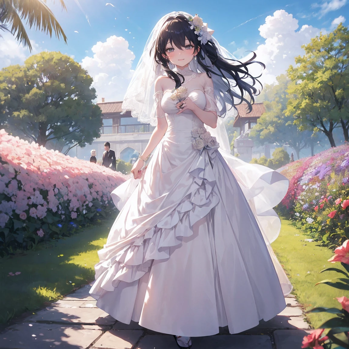 Furina focal sensor | Genshin Impact, masterpiece, best quality, 1 Girl,2, proportional body, proportional., wedding服, White Wedding Dress, Long skirt, wedding, ,only, Standing in the middle of the garden, outdoor, wedding, The sky is beautiful, In a paradise full of love and happiness.............................................................., The bride is wearing a Japanese dress，A charming smile.............................................................., The passage of time stops for them.............................................................., On this wedding day of love and happiness.............................................................., bright beautiful flowers, Holding in hands symbolizes the embrace of love.............................................................., Spreading love and friendship through flowers, In a paradise full of love and happiness.............................................................., Wear a yukata、Bride wearing masika.............................................................., It&#39;s a beauty and elegance.............................................................., Express your love to your spouse............................................................., In a paradise full of love and happiness.............................................................., Kochikugisa is the tree of new beginnings.............................................................., Their love and affection..........................................................., and absorbed a lot of love.............................................................., Flowers represent love and peace.............................................................., In a paradise full of love and happiness.............................................................., View from the front., Thigh straps, Head tilt, boring, 10, 10, HD, Smile, ，Fox Girl，Huge breasts，High heel