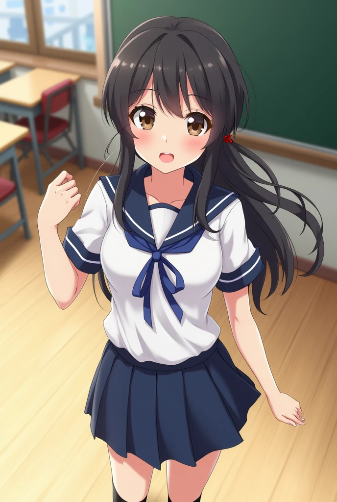 Anime Style, Angle from the front, One girl is standing, The girl is pumping her hands in front of her chest,
The girl is leaning forward slightly.,
Smiling with a proud look,
The girl is wearing a white sailor suit with short sleeves and a navy collar, with a blue ribbon., Wearing a navy blue skirt, Wearing black high socks, Wearing white slippers,
The girl&#39;s hairstyle, With a low twin tail with a red ribbon,It&#39;s very long and black, Not high pigtails, half-up or long hair,
In my s,The chest is small, Has dark brown eyes,
classroom, indoor, School Chair, School desk, There is a blackboard,
Daytime, summer, Close-up on upper body, Top view.