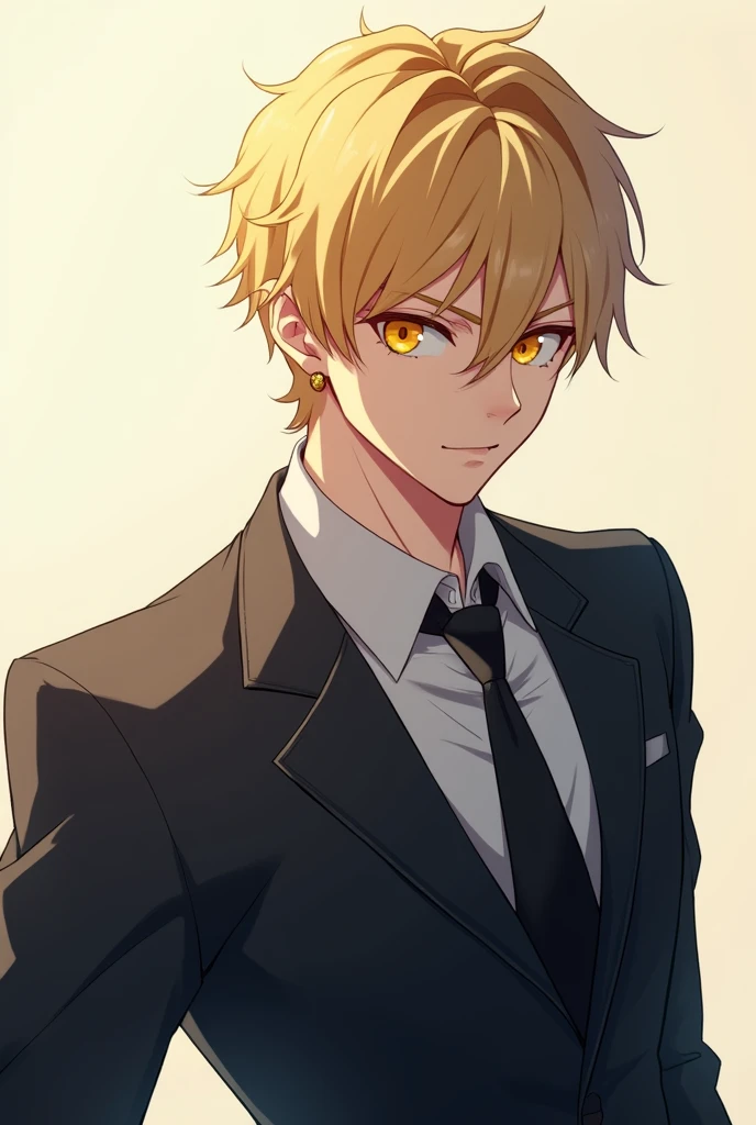 Bill Cipher humanized and attractive, anime style. masculine, expression would be. blond hair, amber eyes, dress suit. more masculine. 3 man