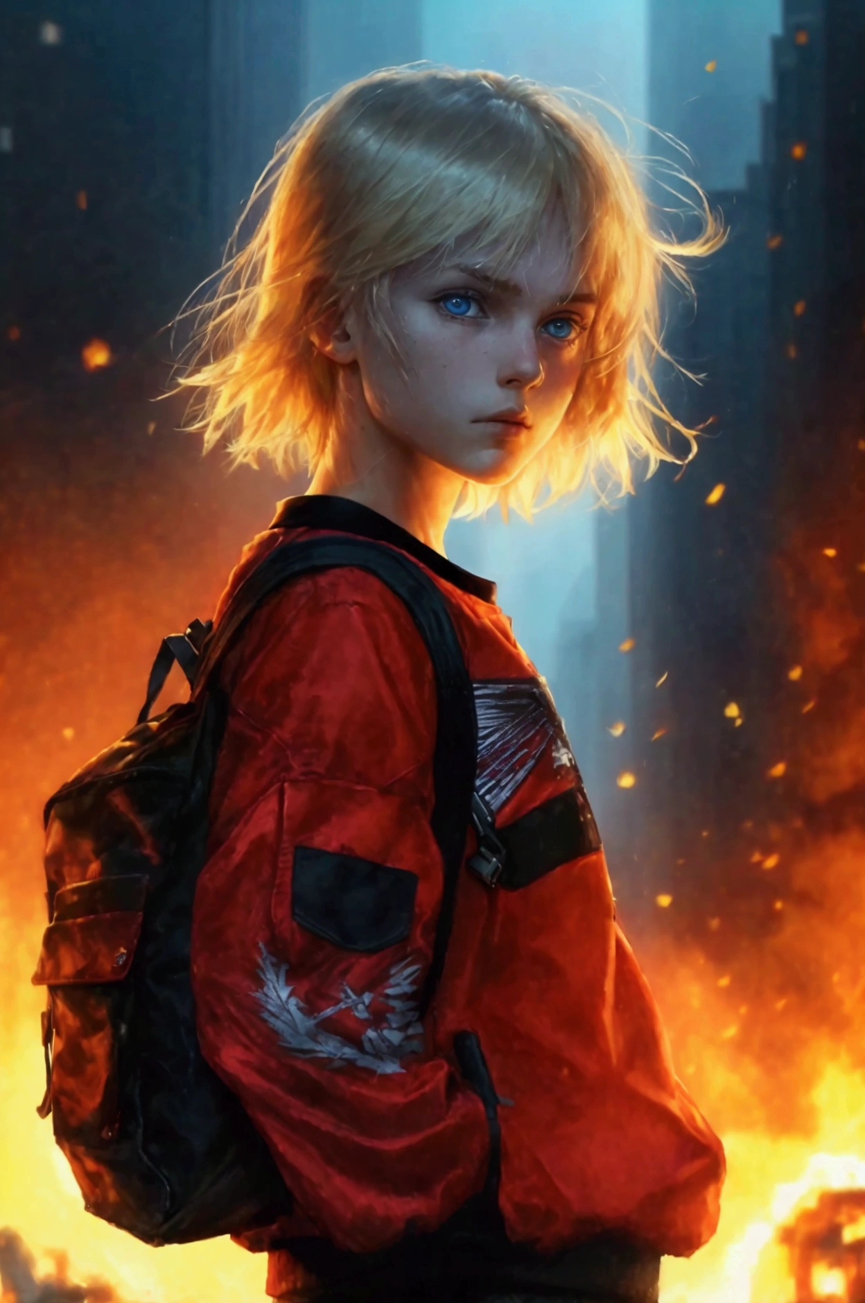 A close-up of a young teenager with an athletic body, 1,9metros, blonde hair and blue eyes, Russian features and wearing a red and black college jacket, Inside he is wearing a black t-shirt with what appears to be a military logo., a large backpack on his back and a 9mm in a cross-body holster. apocalipsis zombie. city night. Car on fire. sportsman.