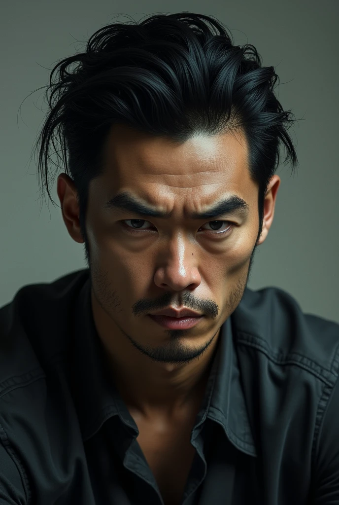 Asian man with eyebrows pressing down on eyes