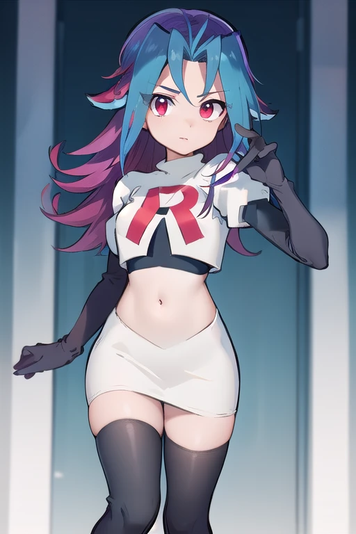 masterpiece, best quality, highres, kr1, multicolored hair, dyed bangs, team rocket,team rocket uniform,white skirt,red letter R,crop top,black thigh-highs,black elbow gloves, cowboy shot, 