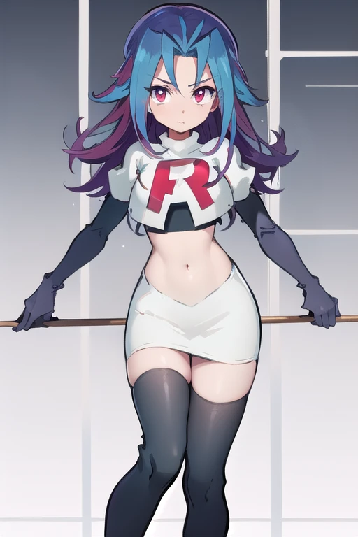 masterpiece, best quality, highres, kr1, multicolored hair, dyed bangs, team rocket,team rocket uniform,white skirt,red letter R,crop top,black thigh-highs,black elbow gloves, cowboy shot, 