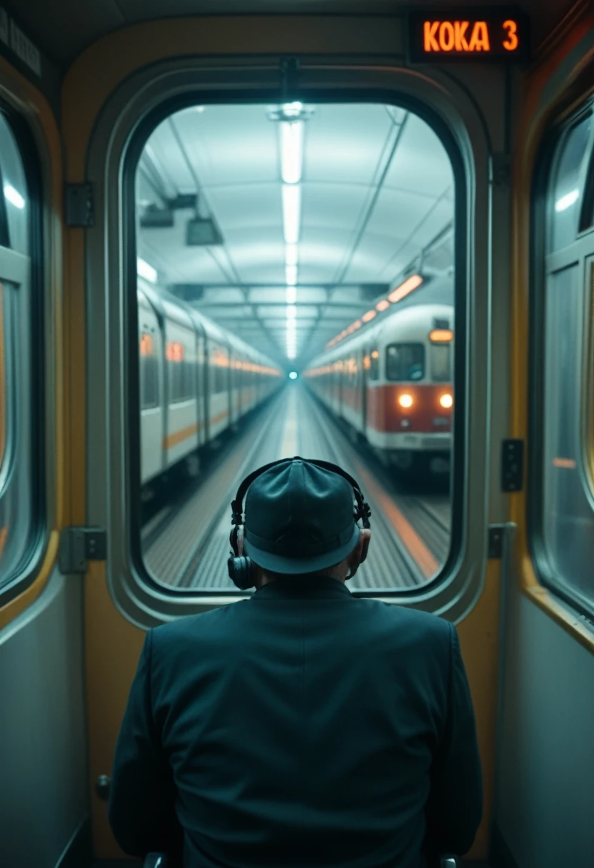 Editorial Photography of a strong male cosmonaut ((40 year old)) sitting in front of a train window to space, looking at camera, back to viewer, realistic skin, Photojournalism, retrofuturism, Kodak Ektar, Depth of Field, F/1.8, 4k, volumetric, vignette