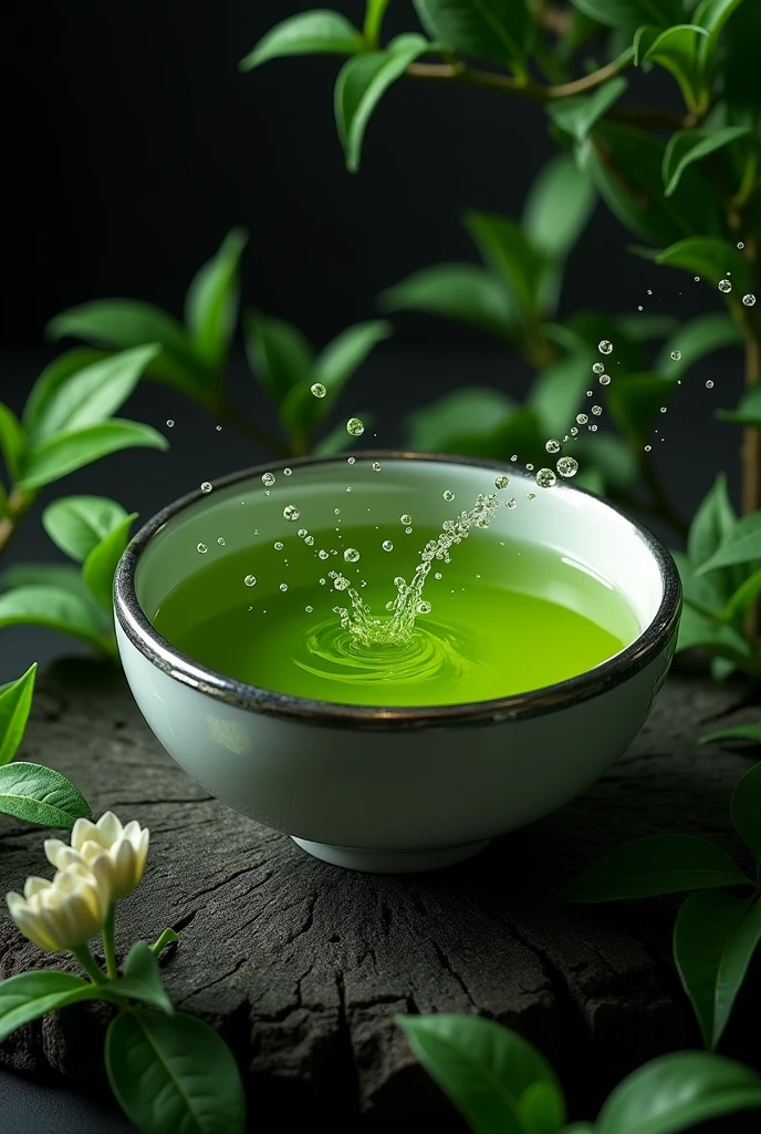 Product Design,Green tea seen from above,Silver edge bowl,Splashing green tea,Black background,Surrounded by leaves and flowers,Leaves flutter