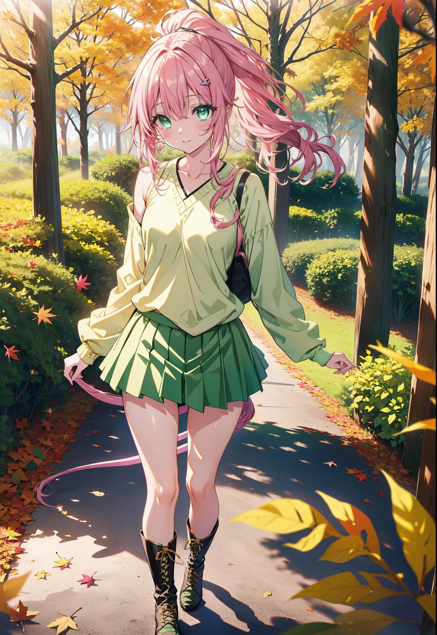 Laladevi Luke, Lara Deviluke, Long Hair, Pink Hair, tail, Ahoge, bangs, hair ornaments, (Green Eyes:1.5), smile,Open your mouth,ponytail,Open your mouth,blush,
break demon tail, One-shoulder sweater,mini skirt,black tights, short boots,Walking,autumn leaves,autumn leavesが散っている,autumn leavesが積もっている,Daytime,Clear skies,whole bodyがイラストに入るように,
break outdoors, forest,
break looking at viewer, whole body,
break (masterpiece:1.2), Highest quality, High resolution, unity 8k wallpaper, (figure:0.8), (beautiful detailed eyes:1.6), extremely detailed face, Perfect lighting, extremely detailed CG, (Perfect hands, Perfect Anatomy),
