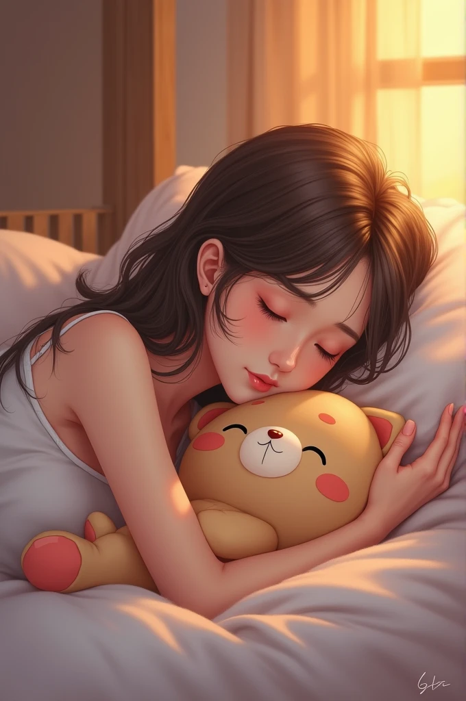 masterpiece、top-quality、ultra-detailliert、(Chibi Chara's Daughter:1.2)、Chibi Bed、night wear、closing eye、(Sleeping:1.2)、The bed is what you sleep in、full body Esbian、dim room、Moonlight from the window、Stuffed Bear