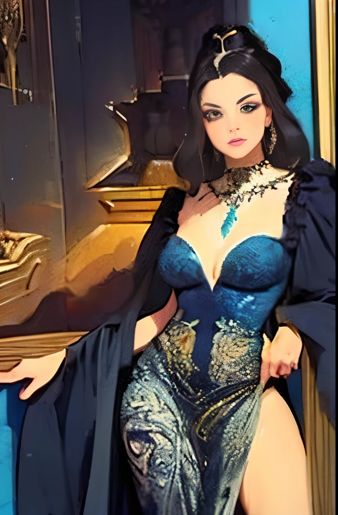 a woman in a blue and black dress , a cartoon by Elena Guro, tumblr, art nouveau, robe. extremely high details, long flowing intricate dress, fantasy long intricate gown, fantasy dress, intricate dress, intricate fantasy dress, robes! intricate, sexy gown, gown, blue and black, ornate gown, beautiful gown, intricate gown