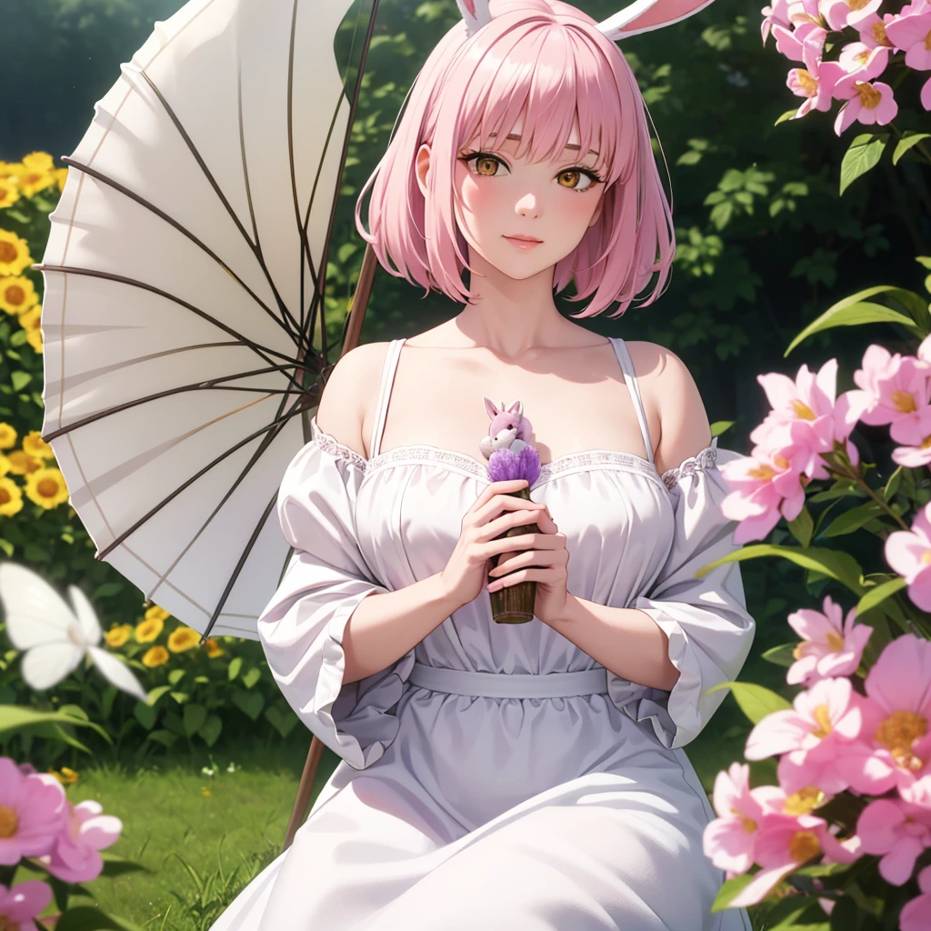 detail, realism, 4K, , 面部detail, Big yellow eyes, Full lips, with an upturned nose, Gray hair，With pink hair, Wearing a white dress, A rabbit in his hand, Flowers in the background, White butterfly in the foreground, Realistic shooting, Depth of Field, Soft front light, glow, HDR (Soft colors: 1.2), Canon RF 100mm F2.8L Macro IS USM