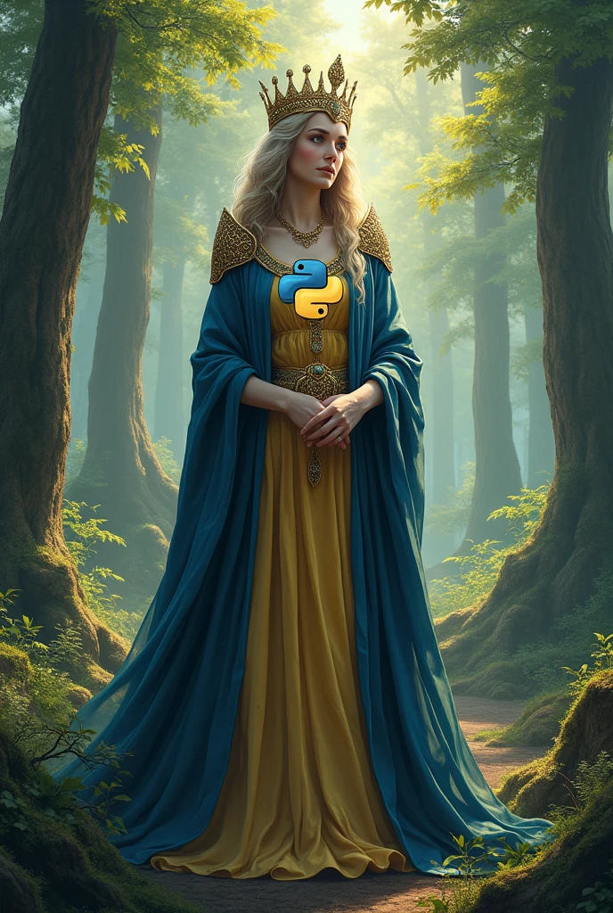 A queen
with python programming logo in a forest