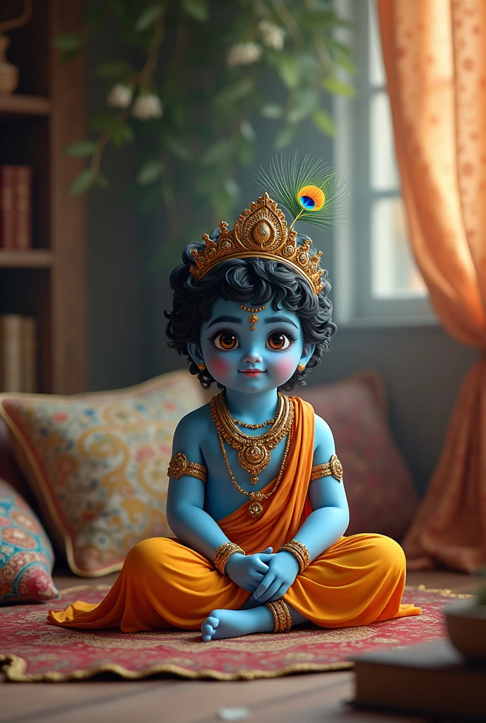 Generate an image of small Lord Krishna, sitting in fabric office