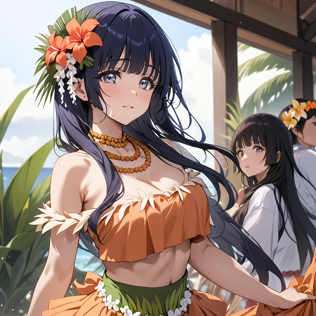 ((Highest quality)), ((masterpiece)), (detailed), (Perfect Face)、The woman is Reika Aoki with semi-long hair、A woman is wearing a hula costume in Hawaii