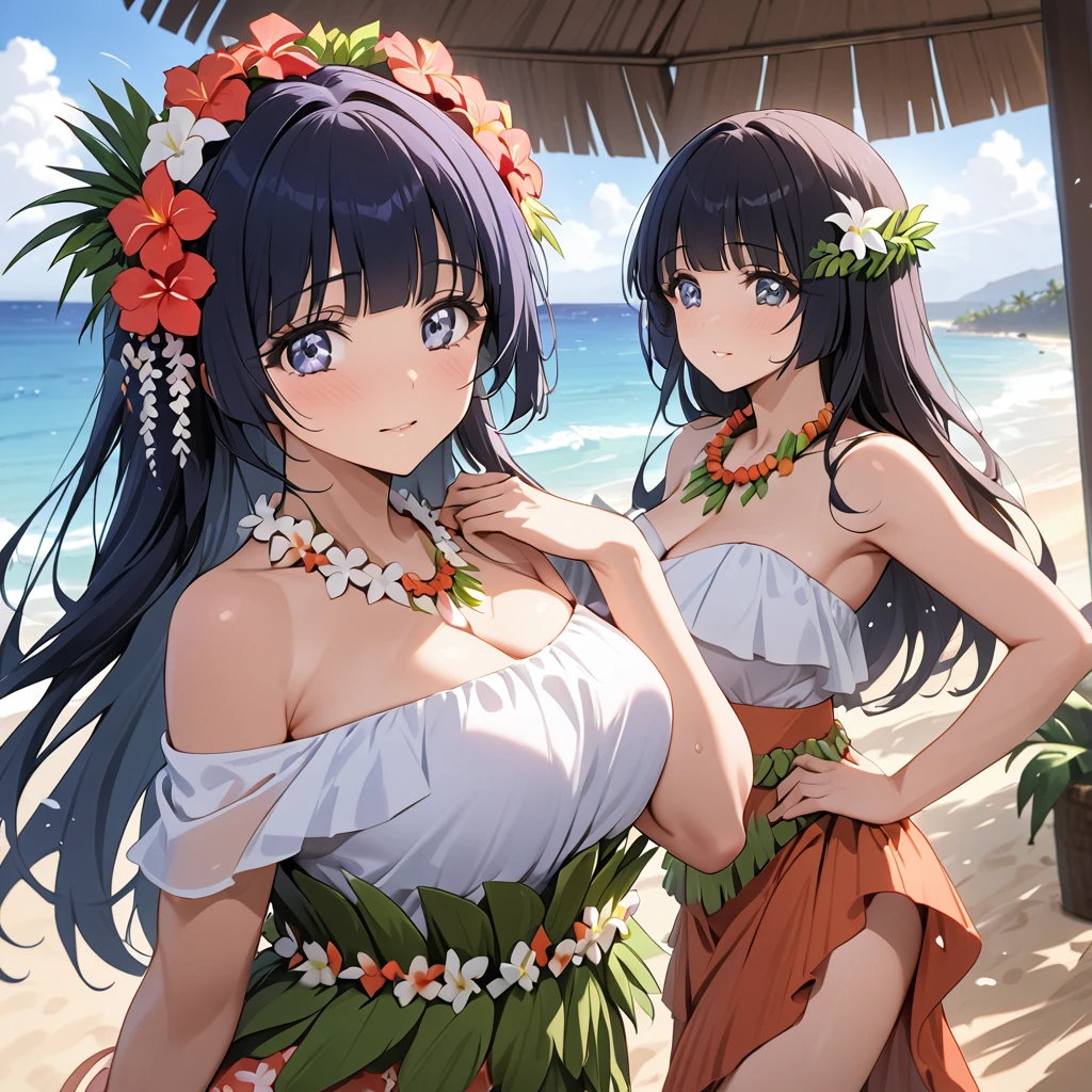 ((Highest quality)), ((masterpiece)), (detailed), (Perfect Face)、The woman is Reika Aoki with semi-long hair、A woman is wearing a hula costume in Hawaii