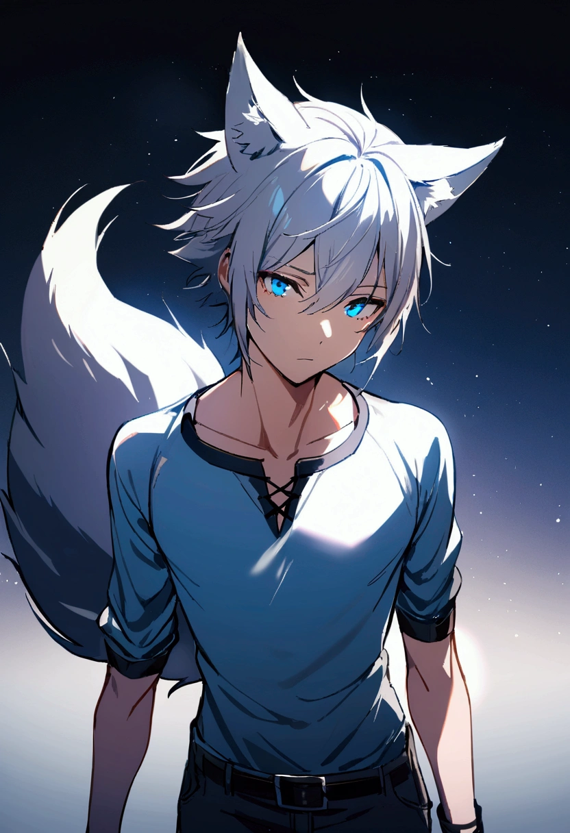 1boy with short silver hair blue eyes, wolf ears wolf tail, slim body
