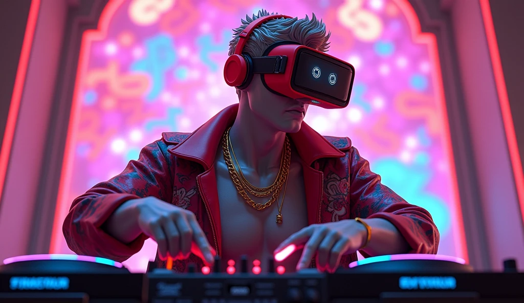 A striking piece of digital art that combines classical Greek sculpture with futuristic cyberpunk elements, reimagining the iconic David as a dynamic and modern DJ. The character is wearing a stylish graffiti jacket, bright red circular headpiece and 3D virtual reality glasses, and is controlling the DJ board with gusto. A glowing neon cigarette in hand adds a surreal touch, and a gold necklace symbolizes the connection between past and present. The setting is a mesmerizing mosaic of neon lights, with the background radiating seven vivid colors from musical notes, creating a space that is both nostalgic and modern. This work skillfully combines traditional art with modern technology, challenging artistic conventions and igniting the imagination. (8k) (HD)