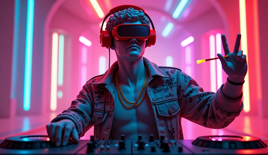 A striking piece of digital art that combines classical Greek sculpture with futuristic cyberpunk elements, reimagining the iconic David as a dynamic and modern DJ. The character is wearing a stylish graffiti jacket, bright red circular headpiece and 3D virtual reality glasses, and is controlling the DJ board with gusto. A glowing neon cigarette in hand adds a surreal touch, and a gold necklace symbolizes the connection between past and present. The setting is a mesmerizing mosaic of neon lights, with the background radiating seven vivid colors from musical notes, creating a space that is both nostalgic and modern. This work skillfully combines traditional art with modern technology, challenging artistic conventions and igniting the imagination. (8k) (HD)