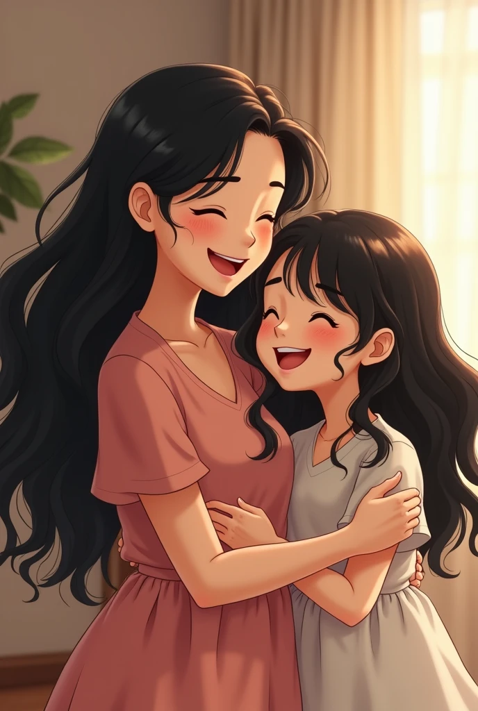 30-year-old mother with a chubby build and a daughter, both thin and with black hair, laughing and long. The hazel-brown-skinned mother and the pearl-skinned daughter.
