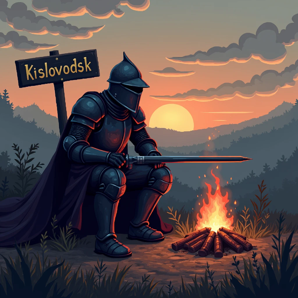 Very early in the morning, when the sun rises, near the sign with the inscription"Kislovodsk",knight in dark medium-heavy armor and helmet with long sword in both hands sits by fire in pixel art