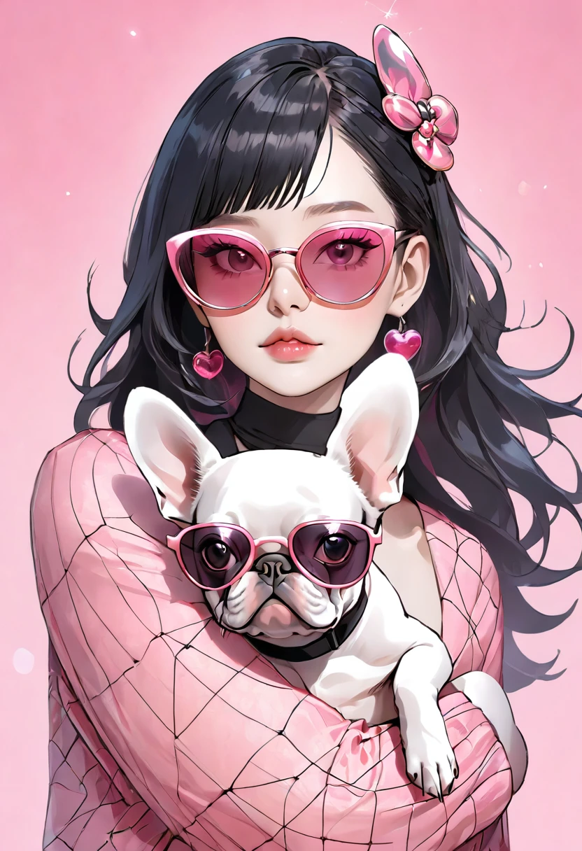 A beautiful girl with black hair, pink mesh hair and pink eyes, sunglasses, holding a French bulldog wearing sunglasses, a masterpiece, Korean-style eye makeup, mature, stylish
