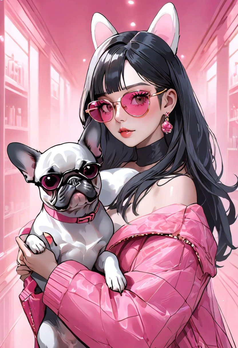 A beautiful girl with black hair, pink mesh hair and pink eyes, sunglasses, holding a French bulldog wearing sunglasses, a masterpiece, Korean-style eye makeup, mature, stylish