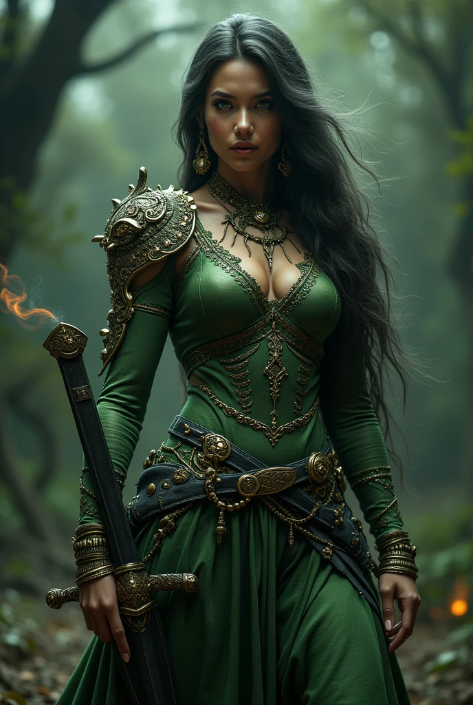 Colombian mythological character ,woman with long hair and her skin full of beauty ,green eyes, armor of algae and fish bones, dark,Spanish sword weapon of steel and gold ,tobacco smoker,