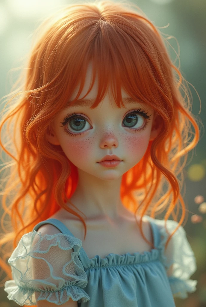  girl in a light blue dress, red hair and freckles
