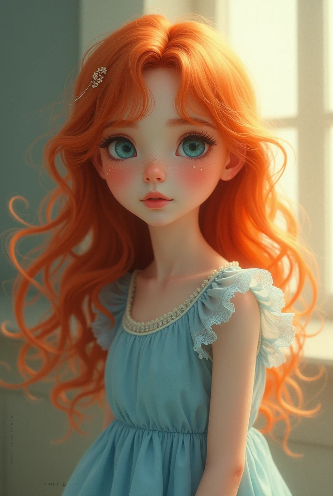 girl in a light blue dress, red hair and freckles