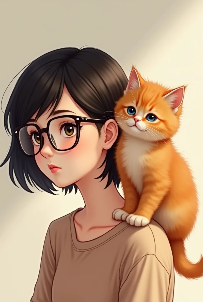 Fluffy orange Persian kitten standing on the shoulder of a teenage short-haired girl wearing glasses portrait 