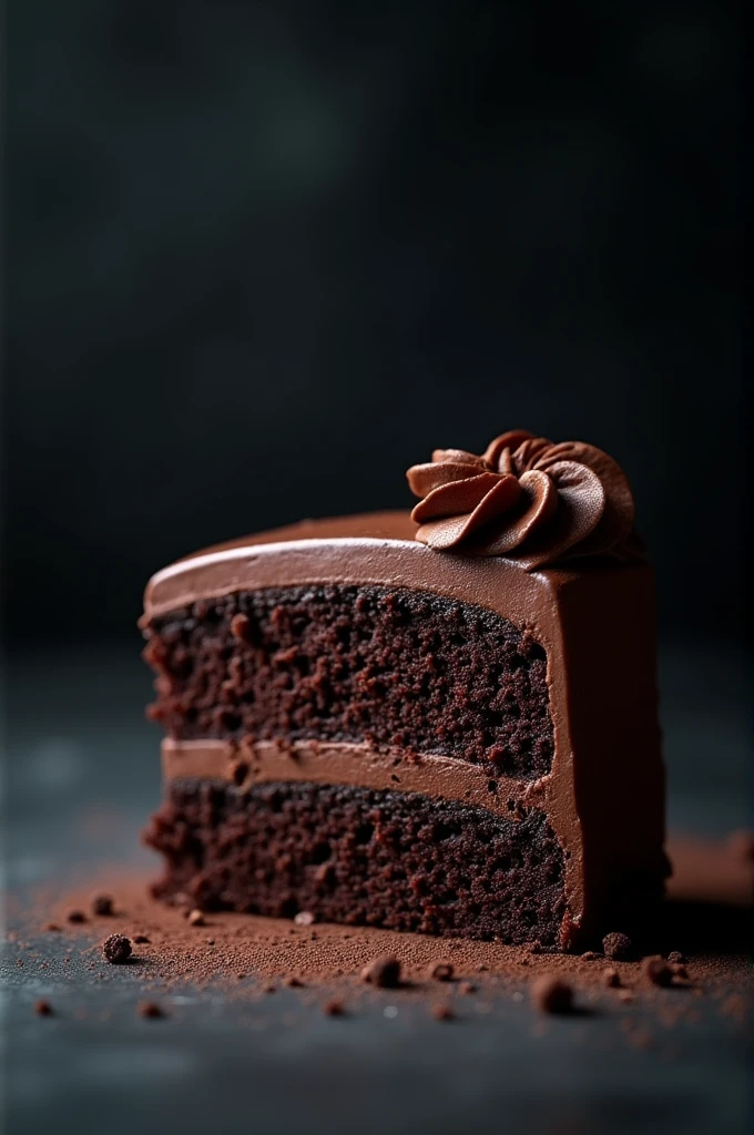 cinematic film still chocolate, chocolate cake, dark background, quality photo, moist texture, frosting, studio photo, slice . shallow depth of field, vignette, highly detailed, high budget, bokeh, cinemascope, moody, epic, gorgeous, film grain, grainy