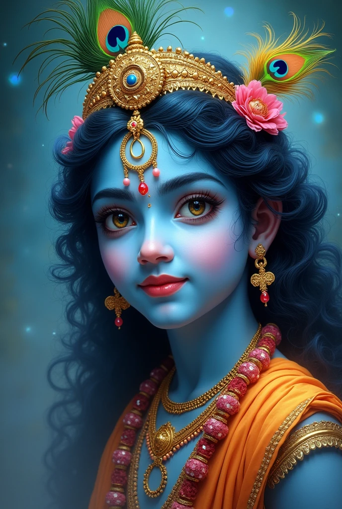 Lord krishna with ocean blue eyes and peacock feather in head