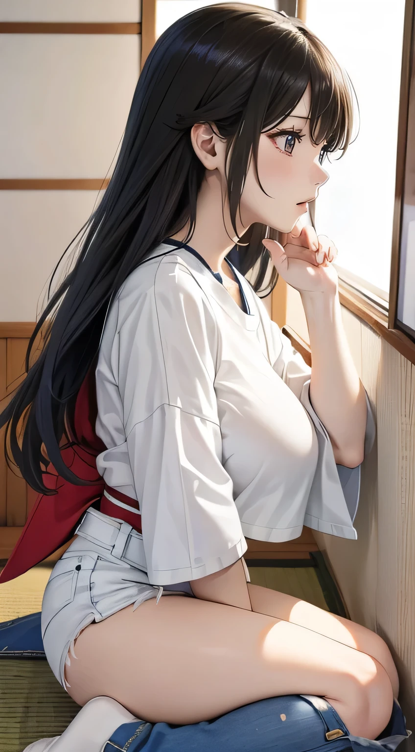 (side view), a young Japanese idol girl with long black hair, (ample breasts). wearing a short-sleeved white T-shirt and denim shorts. the girl has a smartphone and ((staring at it)) with a stern expression on her face.