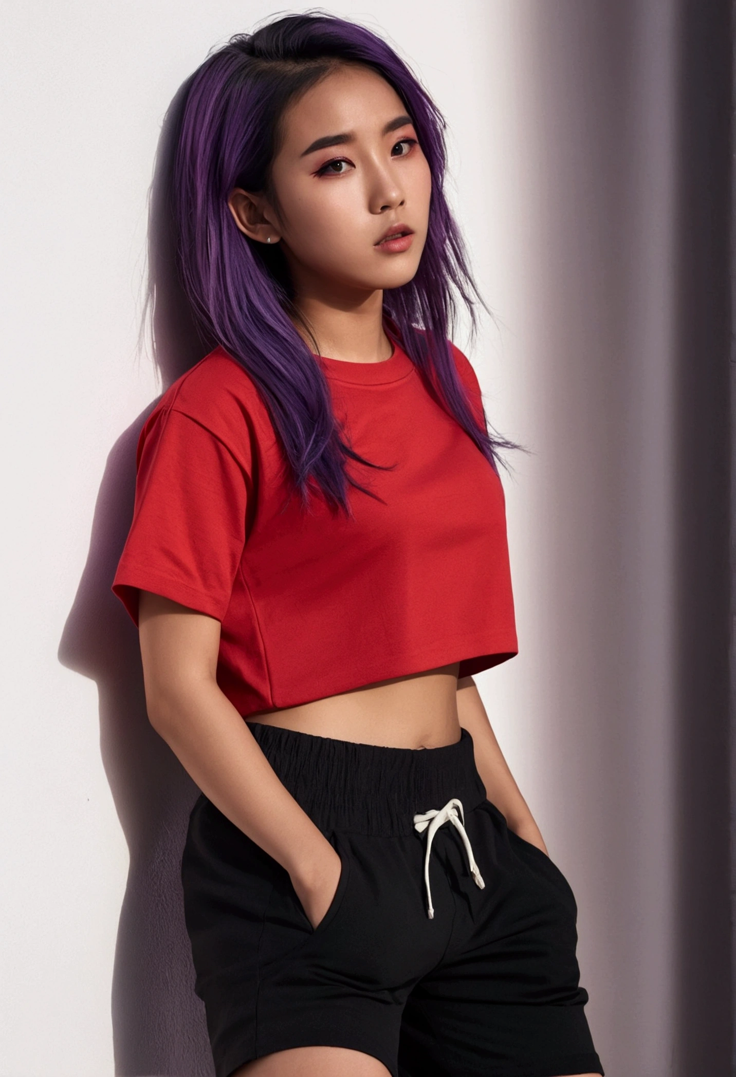 Young Asian girl, purple hair, black eyes, 1 model, slightly brown skin, wearing a red shirt, red and black pants, and his shirt a little short showing his belly, and wearing black and red sneakers.