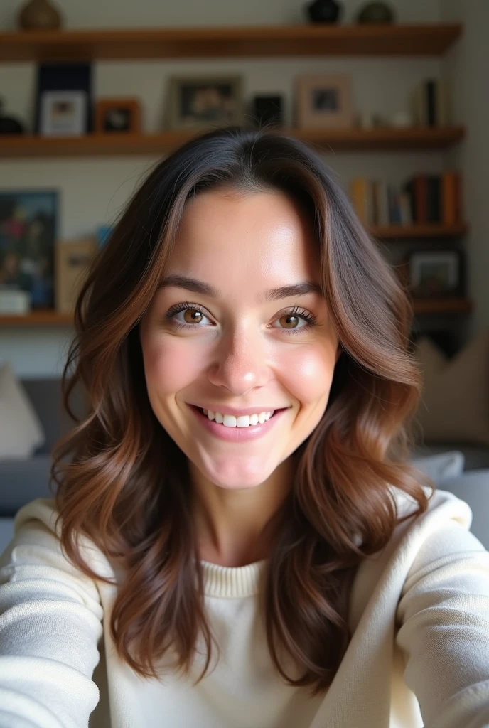 Generate a full face selfie of a 40 year old lady with brown hair sitting in her sitting room