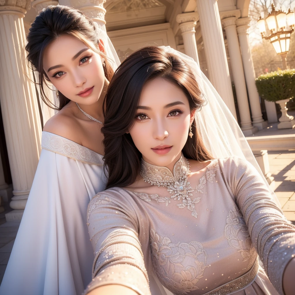 1girl, beautiful young woman, royal bride outfit, detailed face, alluring eyes, full lips, outdoor setting, selfie, soft lighting, warm colors, (best quality,4k,8k,highres,masterpiece:1.2),ultra-detailed,(realistic,photorealistic,photo-realistic:1.37),cinematic,beautiful detailed eyes,beautiful detailed lips,extremely detailed face and eyes,long eyelashes,intricate clothing textures,elegant posing,warm smile,romantic atmosphere