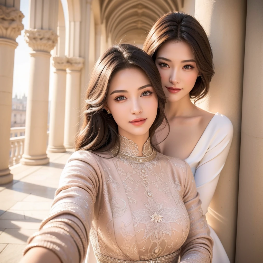 1girl, beautiful young woman, royal bride outfit, detailed face, alluring eyes, full lips, outdoor setting, selfie, soft lighting, warm colors, (best quality,4k,8k,highres,masterpiece:1.2),ultra-detailed,(realistic,photorealistic,photo-realistic:1.37),cinematic,beautiful detailed eyes,beautiful detailed lips,extremely detailed face and eyes,long eyelashes,intricate clothing textures,elegant posing,warm smile,romantic atmosphere