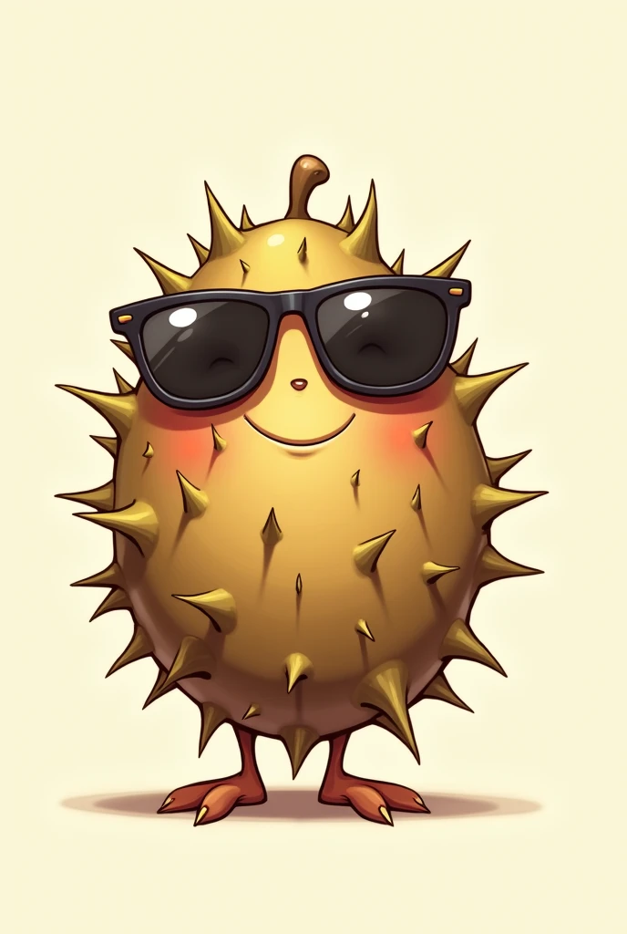 Make a 2D drawing of a brown seed, full of thorns, This seed contains a smiling face and wears sunglasses.