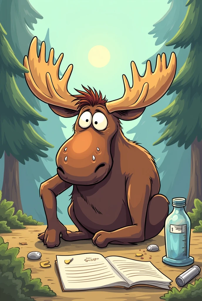 comic cartoon, moose got sick, having a fever, fatigue, face