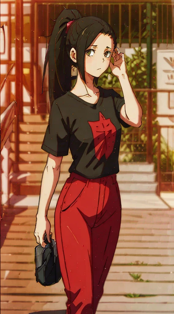 a girl long black hair , lair cut (hair), black t shirt ,red trouser (action) tieing her hair in pony tail