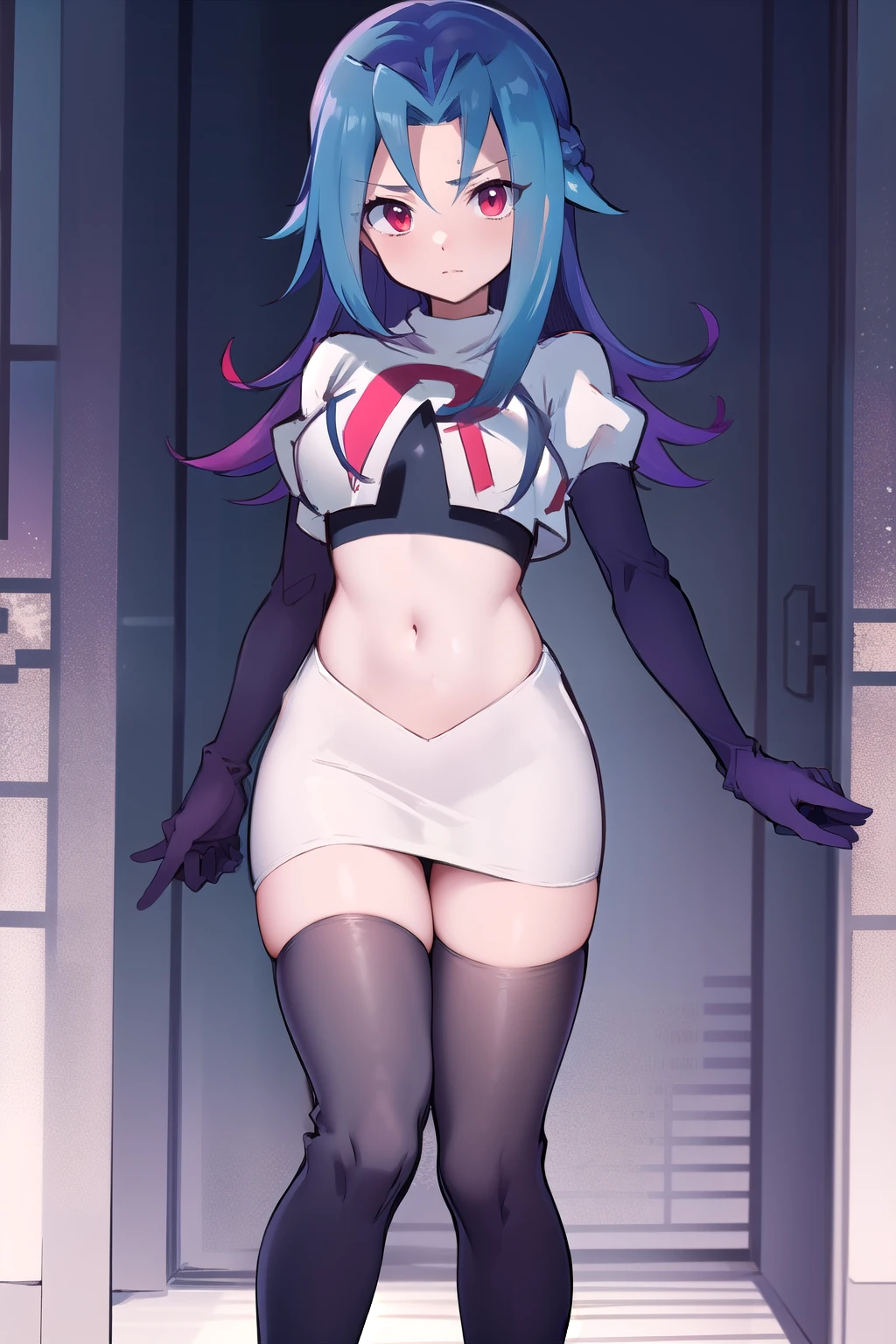 masterpiece, best quality, highres, kr1, multicolored hair, dyed bangs, team rocket,team rocket uniform,white skirt,red letter R,crop top,black thigh-highs,black elbow gloves, cowboy shot, 