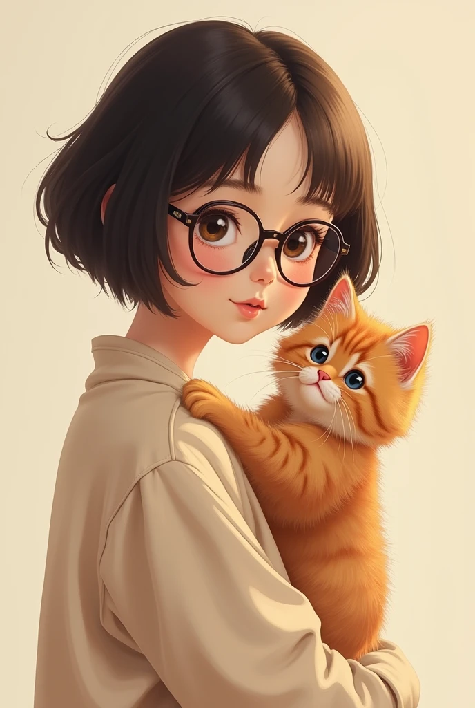Fluffy orange Persian kitten standing on the shoulder of a age short-haired girl wearing glasses portrait