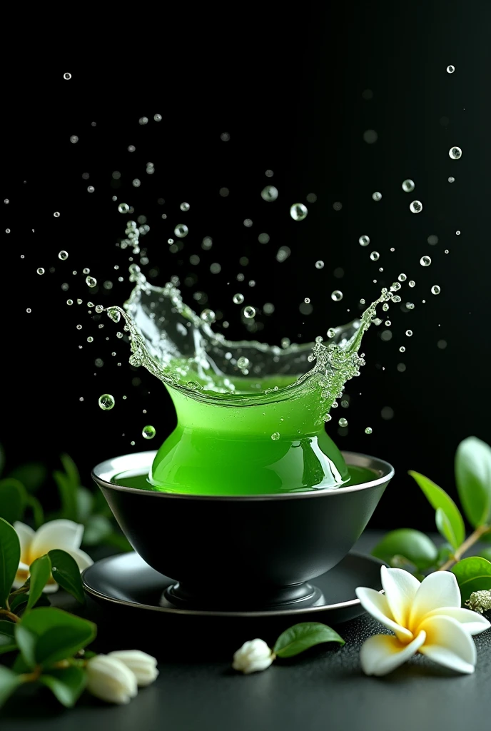 Product Design,Green tea seen from above,Silver edge bowl,Black Vessel,Splashing green tea,Violently splashing water surface,Black background,Surrounded by leaves and flowers,Leaves flutter