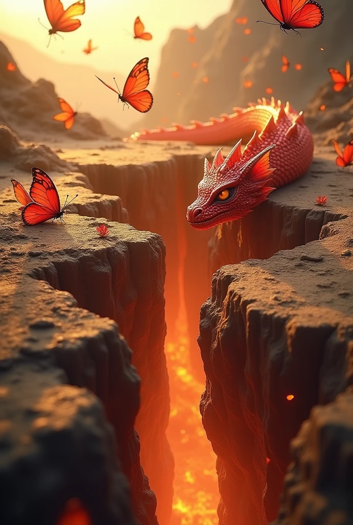 A dragon crack with red and orange butterflies flying together