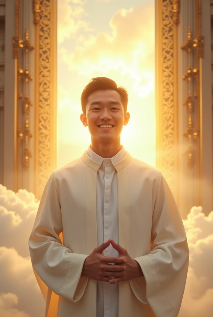 Make me a photo of an Indonesian man in his 20s wearing a Catholic white robe, with the background of 2 golden gates of heaven above the clouds, very realistic, photo taken using a Nikon camera, his face smiling looking at the camera, His entire face robed shining like the sun