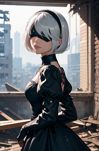 8k, ultra realistic, masterpiece, best quality, ultra detailed, beautiful face, beautiful skin, photorealistic, (professional lighting:1.2), nier_automata, 2B, yorha_no._2_type_b, (((no blindfold))), white hair, short hair, black_dress, black_hairband, robot_joints, android, cyborg, clothing_cutout, light smile, pearl necklace, looking at viewer, (((cowboy shot))), focus on face, ultra sharp, on street in business district, ultra detailed photo background, (((on a crumbling cot in a near-future ruined building.)))